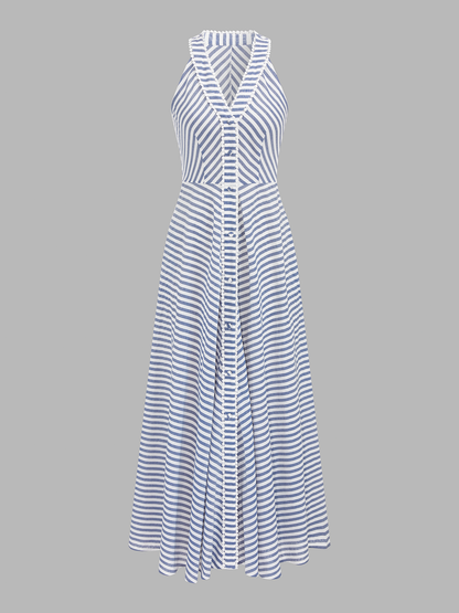 Dames gestreepte halter midi jurk met V-hals zijaanzicht