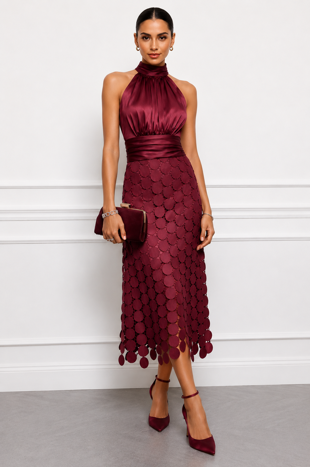 Dames Halter Midi Jurk Satijnlook Feestelijk