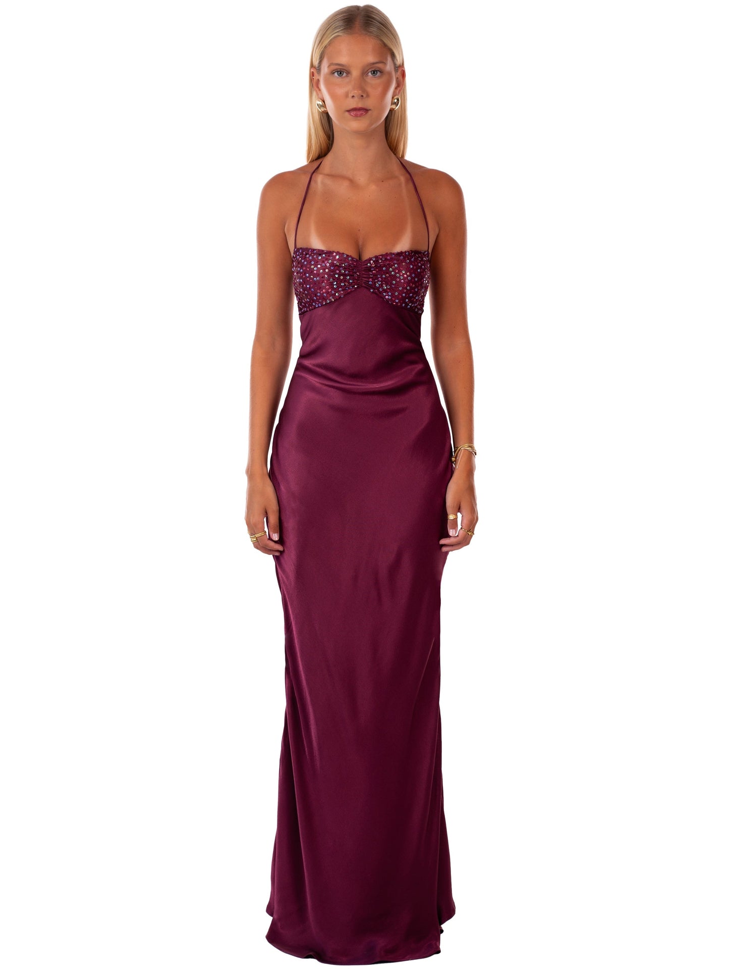 Vooraanzicht van elegante mouwloze maxi jurk voor dames