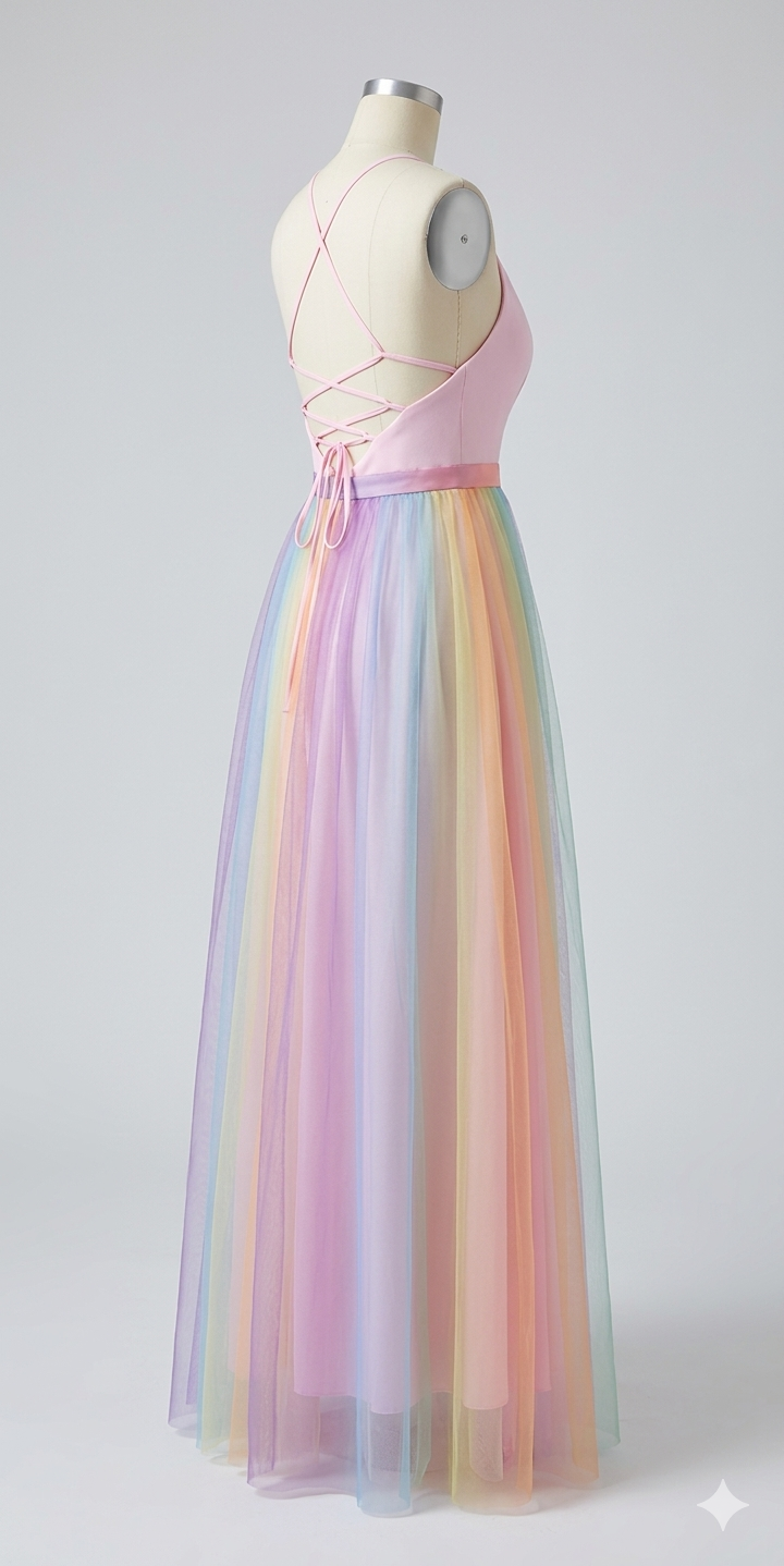 Detail van de mesh stof en regenboogprint van de damesjurk