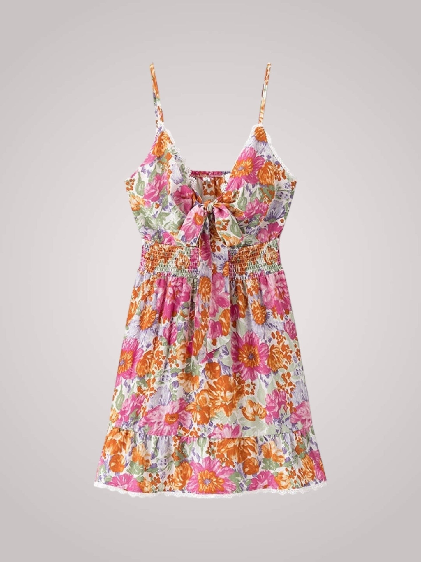 Mini jurk met bloemenprint en ruches, detail van de zoom