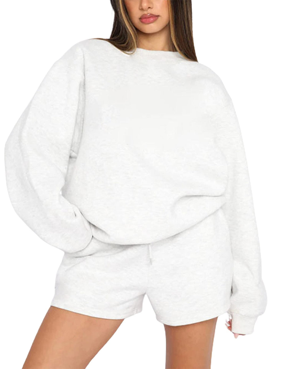 Dames Oversized Badstof Loungewear Set Met Sweatshirt En Shorts