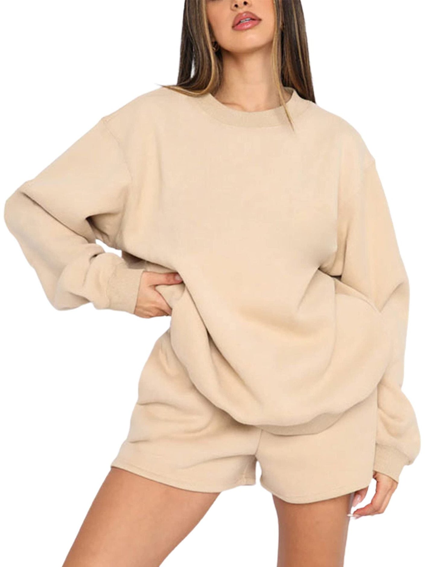 Dames Oversized Badstof Loungewear Set Met Sweatshirt En Shorts