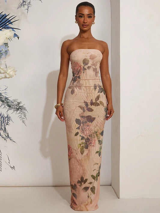 Dames strapless maxi jurk met vintage bloemenprint van voren