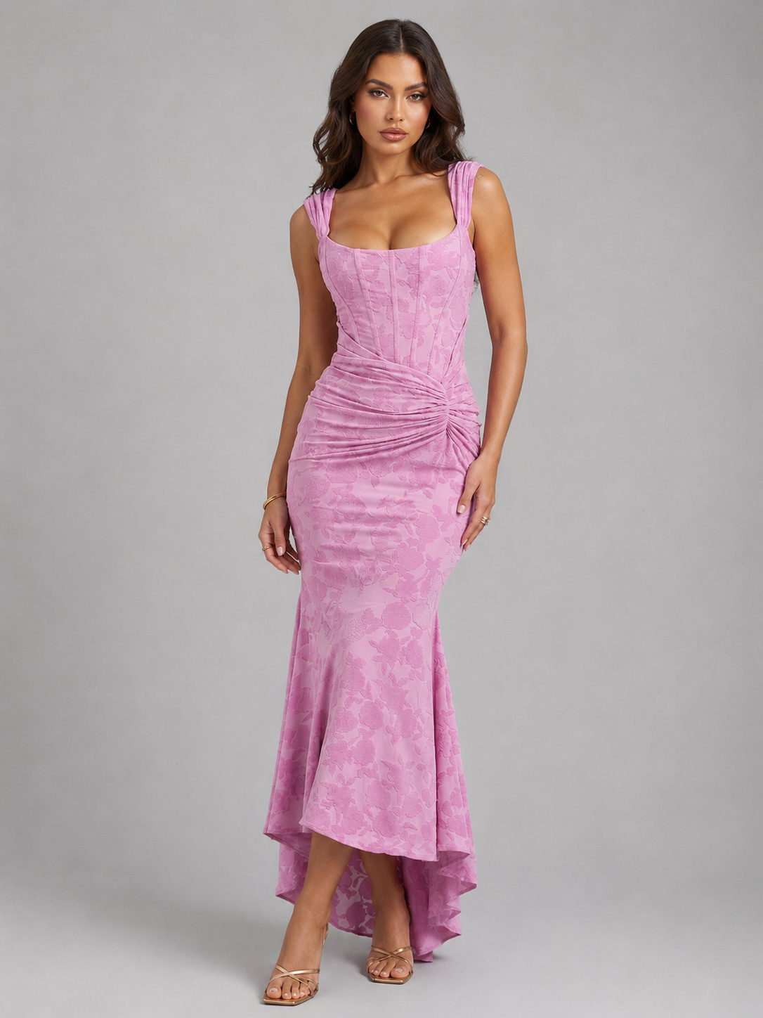 Dames maxi jurk met korsetlook en bloemenprint, voorkant