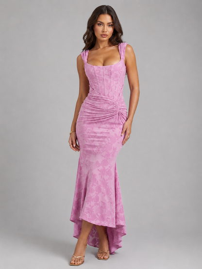 Dames maxi jurk met korsetlook en bloemenprint, voorkant
