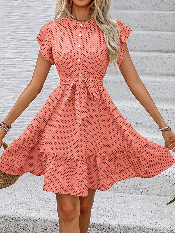 A-lijn geplooide polka dot mini-jurk met gebonden taille