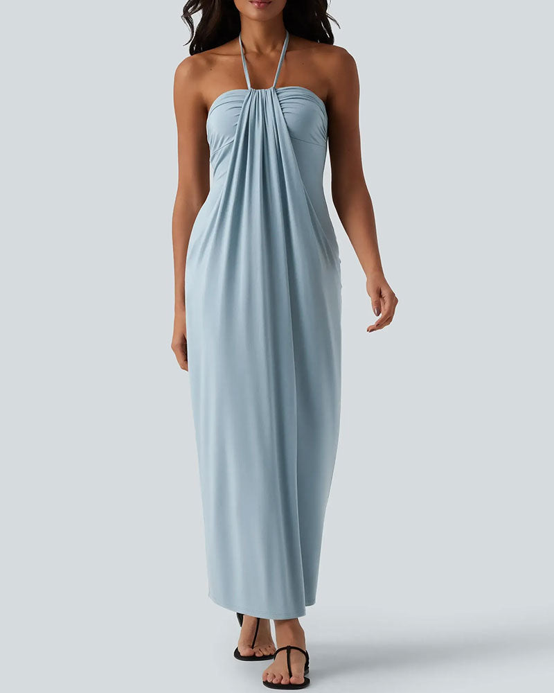 Dames halter maxi jurk met drapering in volledige lengte vooraanzicht