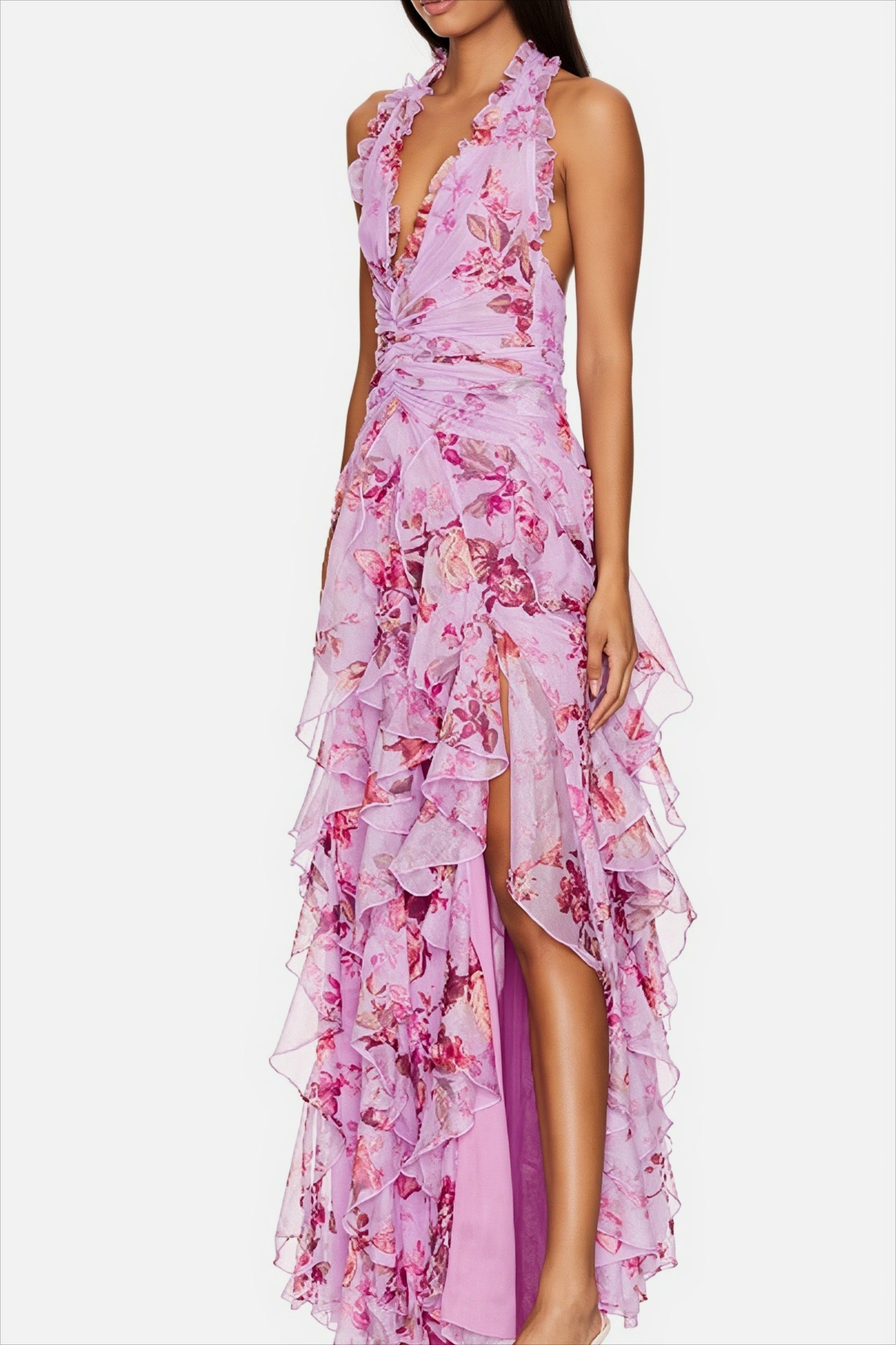 Lange bloemenjurk met haltermodel en luchtige chiffon stof