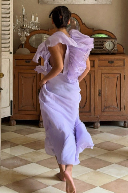 Diep V Ruffle Chiffon Maxi Jurk Paars