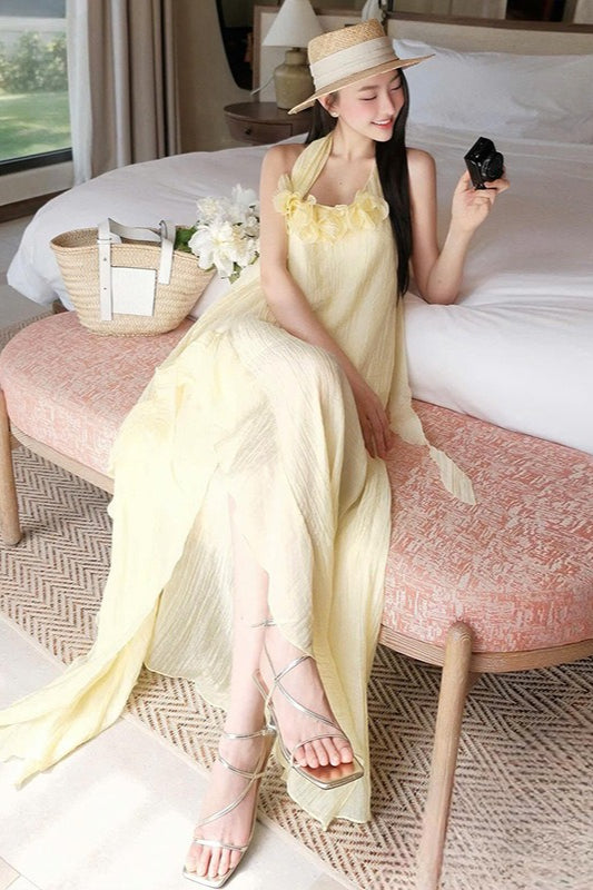 Halter Slim Fit 3D Bloemen Maxi Jurk