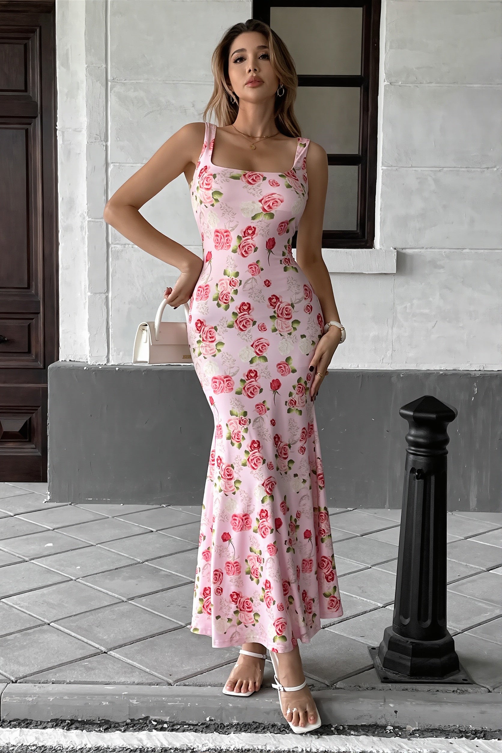 Dames bloemenprint maxi jurk met vierkante hals, detail van de stof