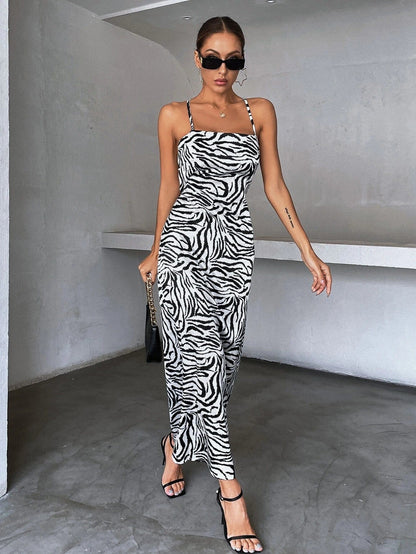 Midi-jurk met satijnen zebraprint zwart-wit