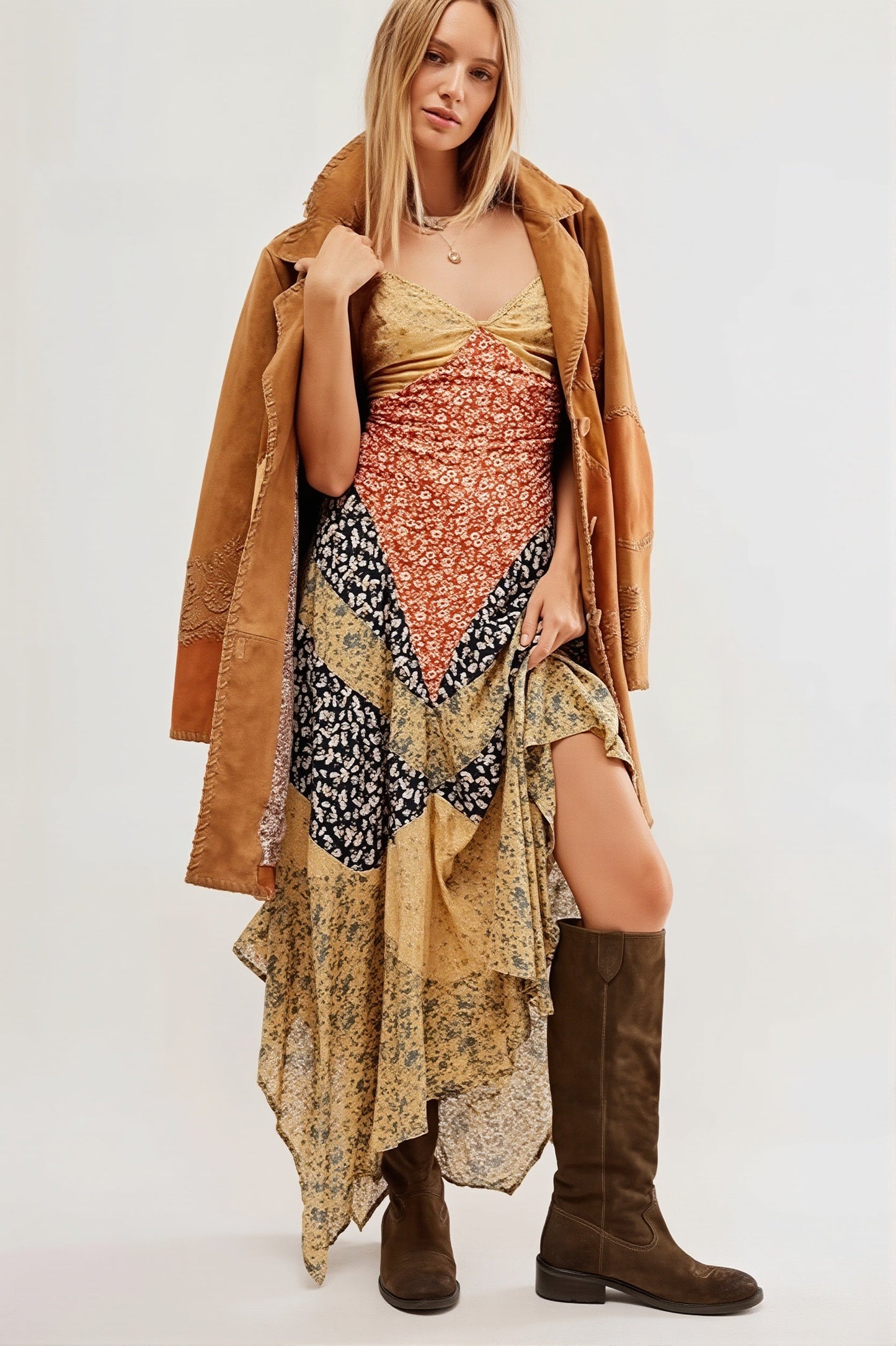Dames boho maxi jurk met colourblock print in lange, luchtige pasvorm