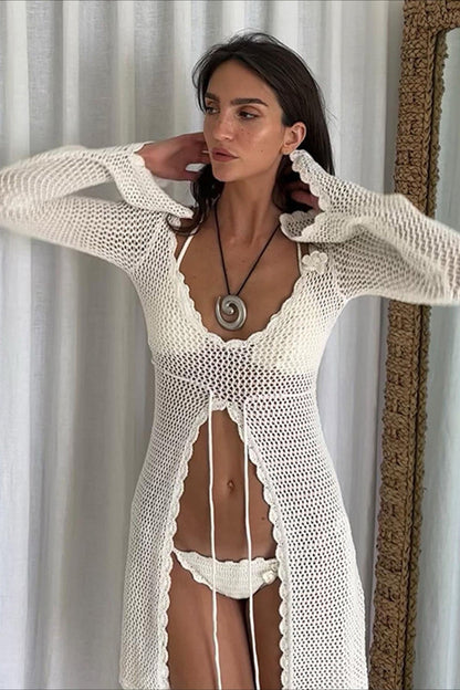 V-hals gebreide blouse met opengewerkt patroon en slanke pasvorm