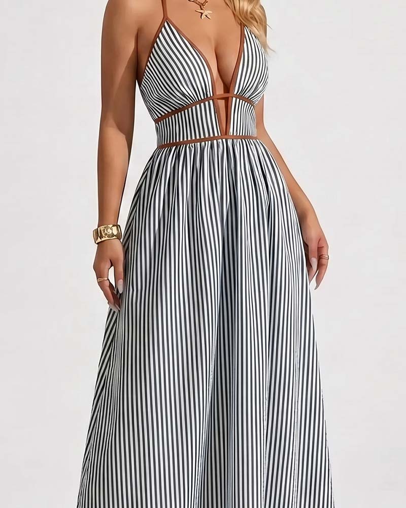 Luchtige dames maxi jurk met strepen, detail van de stof