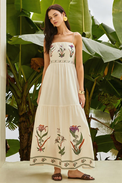 Dames maxi jurk met bloemenprint en bandeau halslijn, vooraanzicht