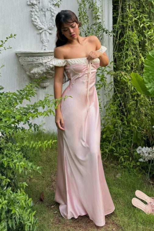 Satijnen Strapless Maxi Jurk met Smalle Strik Roze