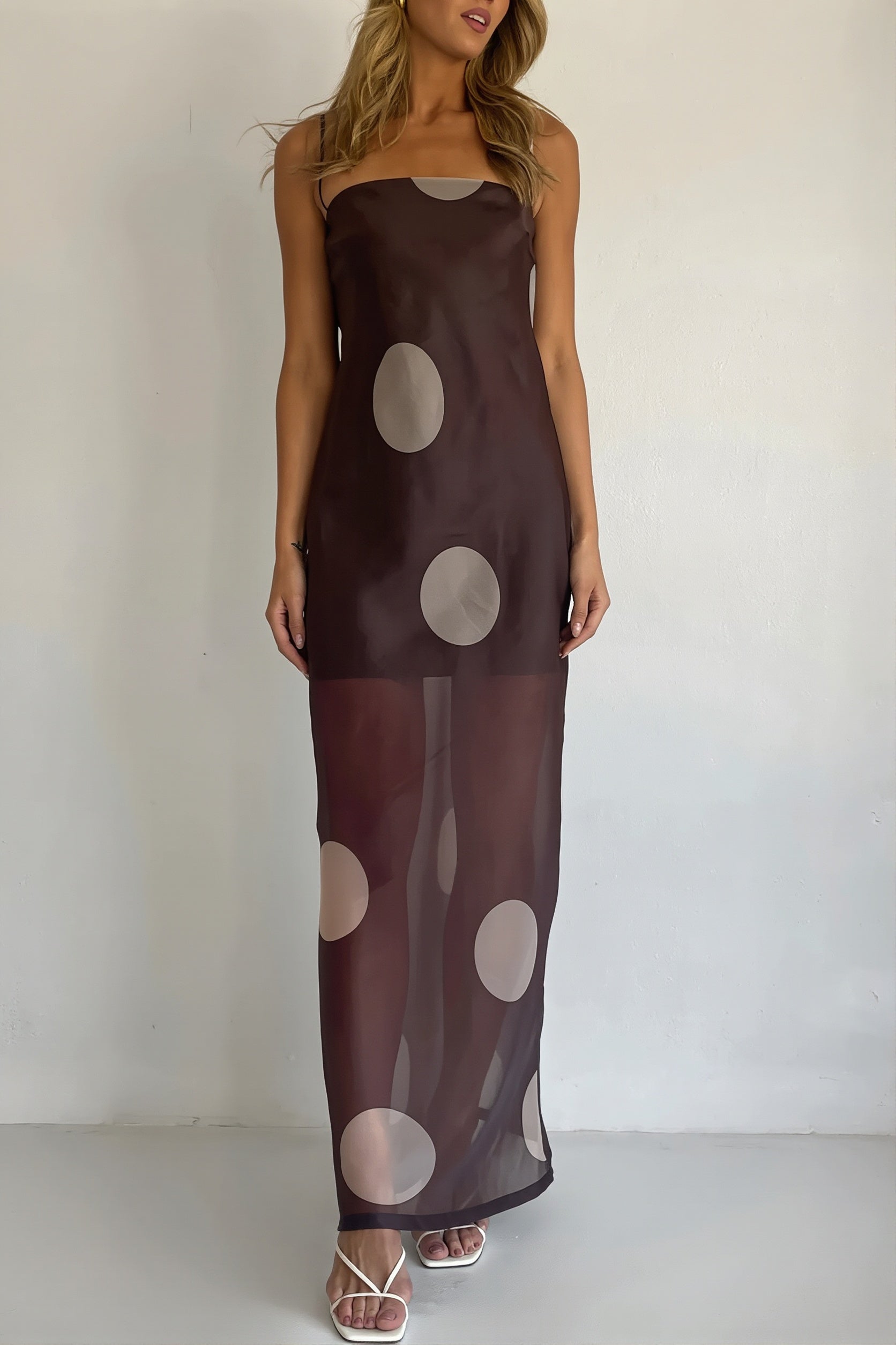 Dames strapless maxi jurk met stippenprint en slim fit in volledige lengte