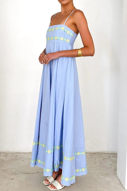 Maxi jurk met bloemenborduursel en spaghetti bandjes van polyester