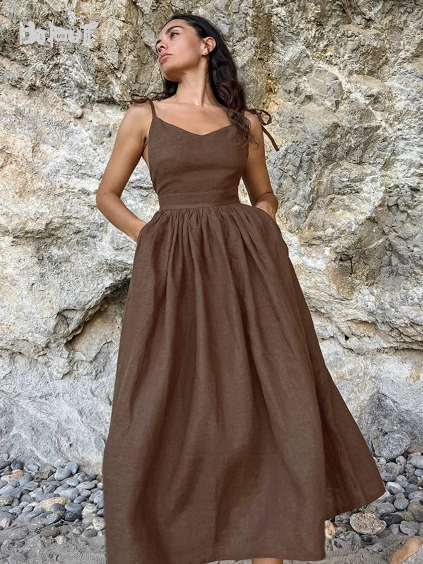 Bclout Fashion Brown Linen Long Dress Women 2024 Elegant Lace-Up Pockets A-Line Dresses Summer Sexy Backless Party Pleated Dress