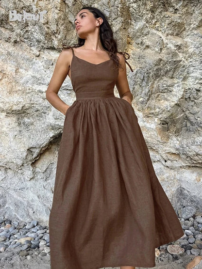 Bclout Fashion Brown Linen Long Dress Women 2024 Elegant Lace-Up Pockets A-Line Dresses Summer Sexy Backless Party Pleated Dress