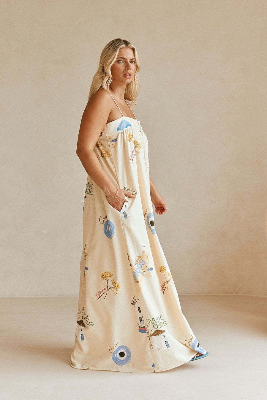Linnenmix Midi Jurk met Blote Schouders Abrikoos