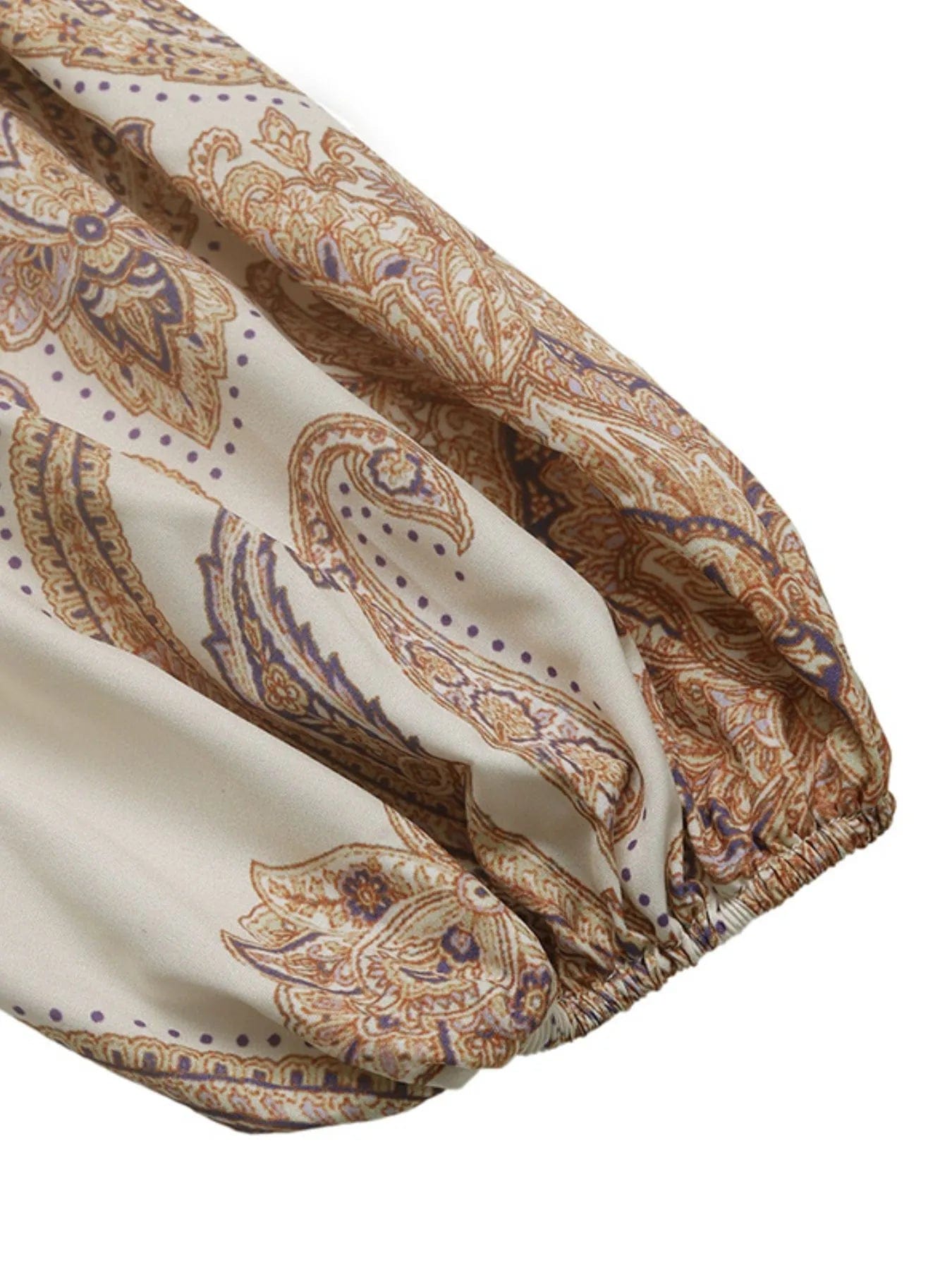 Bedrukt Jurk met Lange Mouwen en Taillekoord Beige