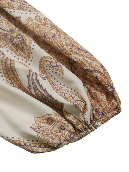 Bedrukt Jurk met Lange Mouwen en Taillekoord Beige