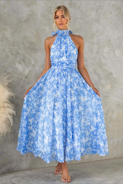 Midi-jurk met bloemenprint, halternek en open rug