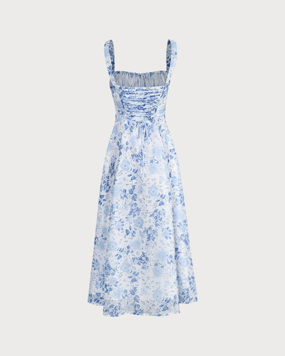 Midi-jurk met bloemenprint en plooien blauw