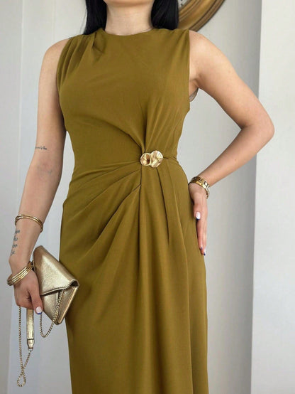 Mouwloze Maxi-Jurk van Polyblend met Hoge Split Olijfgroen