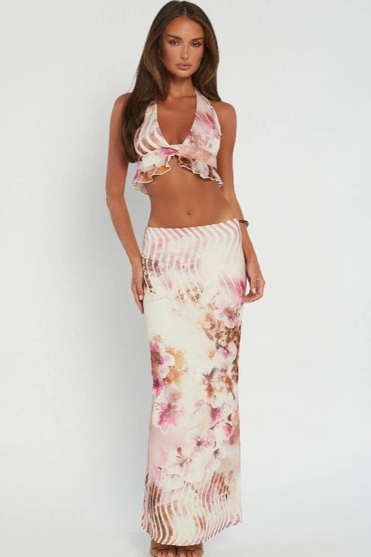 Halternek Maxi Rok Set met Bloemenprint Roze