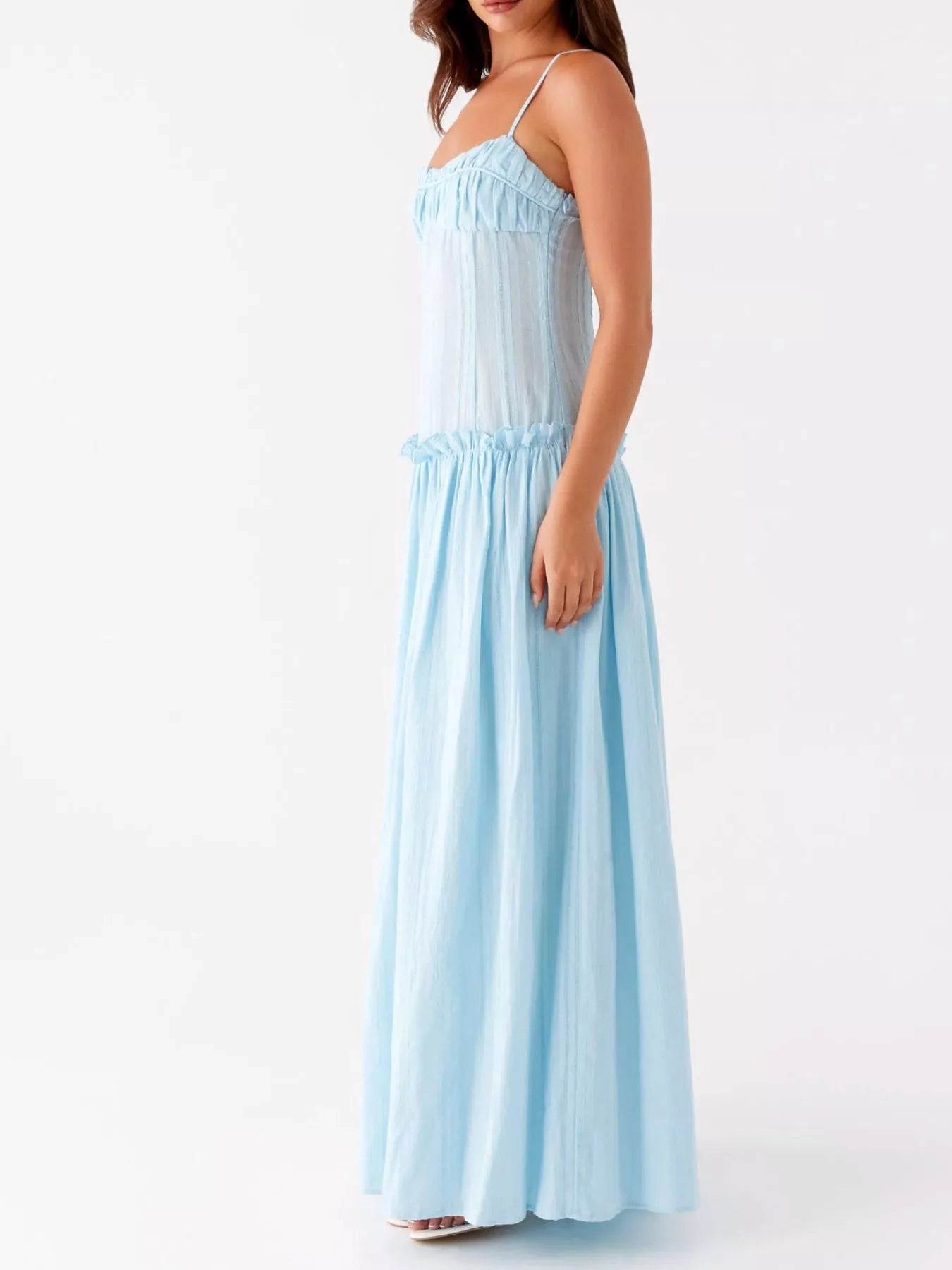 Maxi-jurk met smock en ruches en spaghetti bandjes