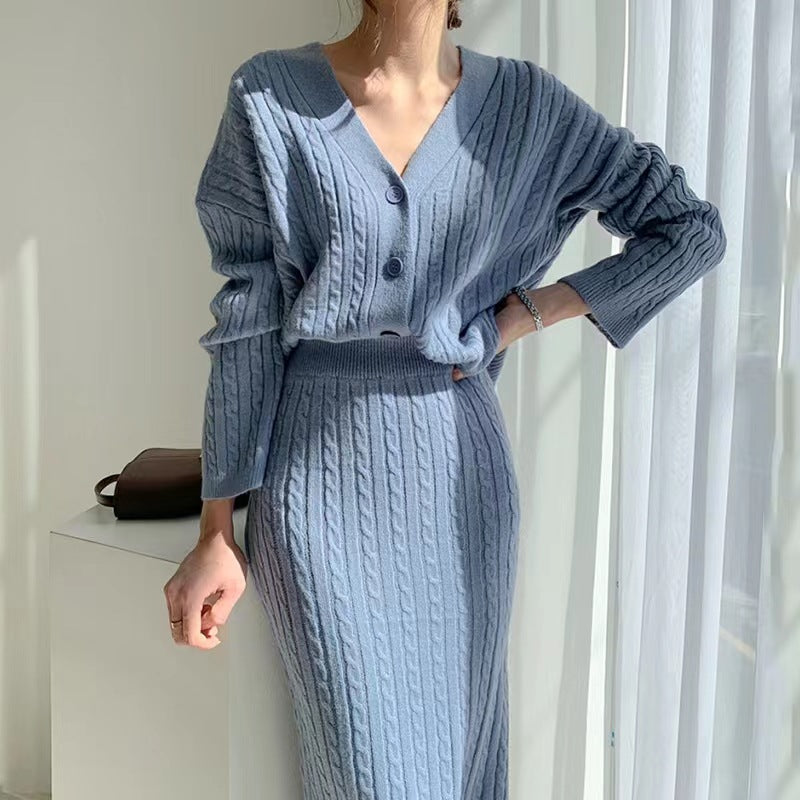 Dames Gebreide Set Met V Halsvest En Midi Rok