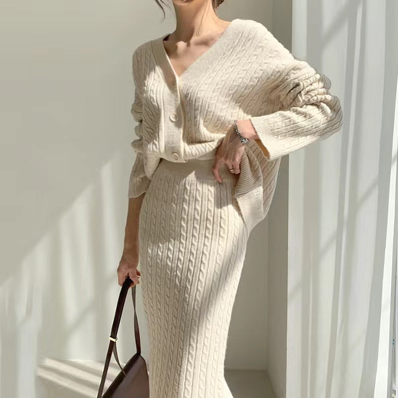 Dames Gebreide Set Met V Halsvest En Midi Rok