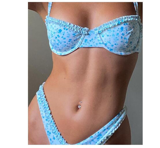 Cute Lichtblauwe Boho Bikini met Ruches