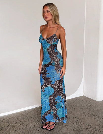 Maxi-jurk met bloemenprint, sweetheart halslijn en aansluitende pasvorm, blauw