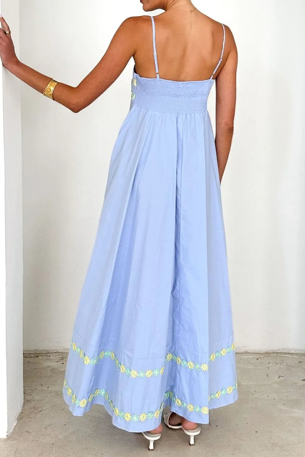 Maxi jurk met bloemenborduursel en spaghetti bandjes van polyester