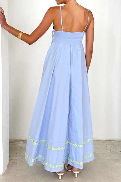 Maxi jurk met bloemenborduursel en spaghetti bandjes van polyester