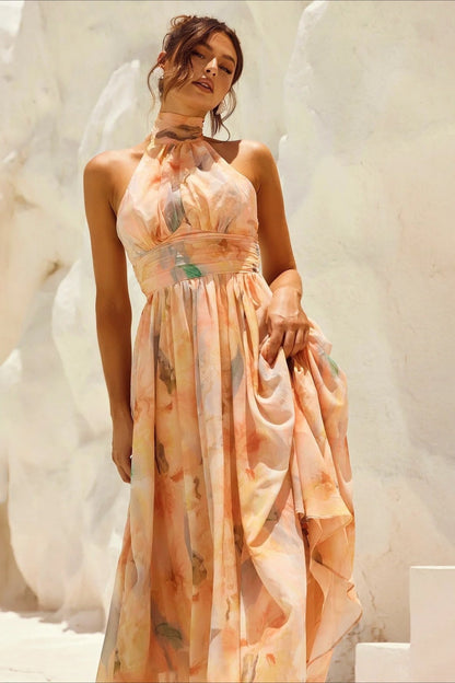 Midi-jurk met bloemenprint, halternek en open rug