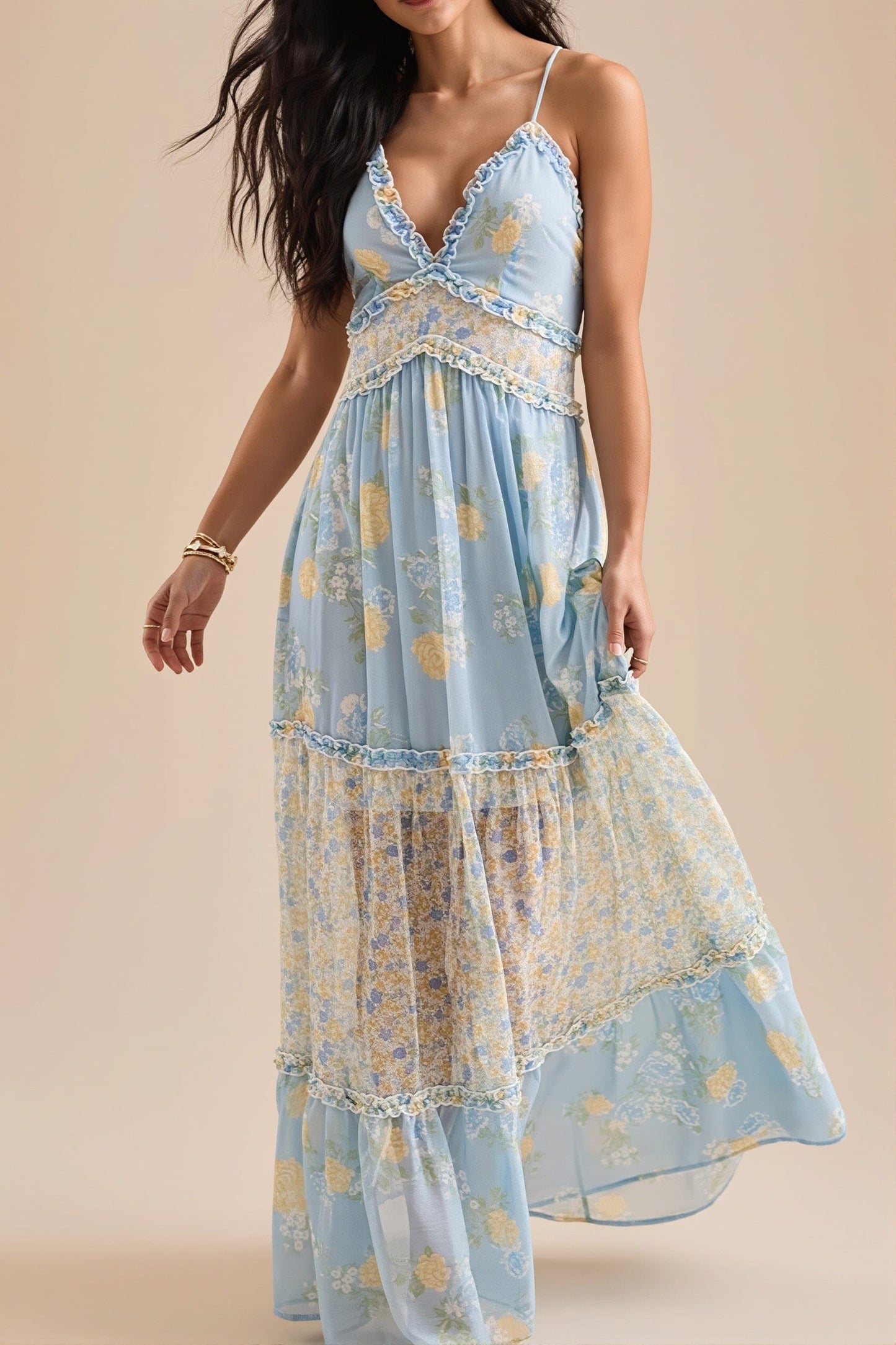 Dames Bloemenprint Cami Maxijurk Met Volant