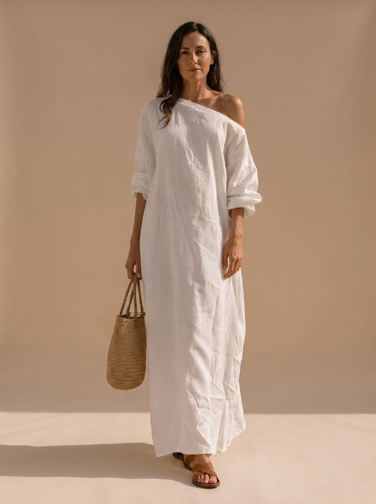 Dames Bohemian Linnen Maxi Jurk Met Eén Schouder
