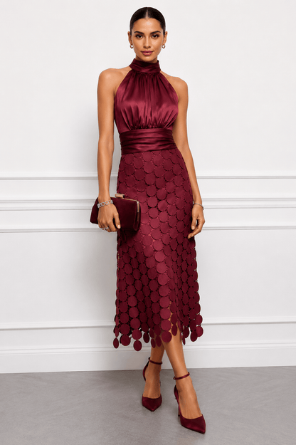 Dames Halter Midi Jurk Satijnlook Feestelijk