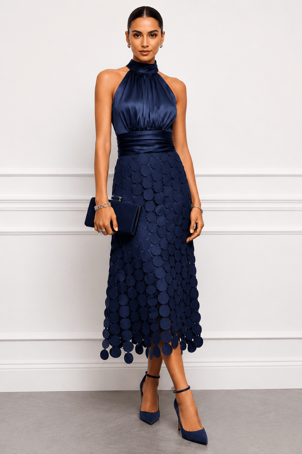 Dames Halter Midi Jurk Satijnlook Feestelijk