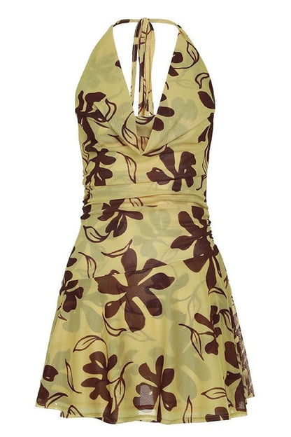 Dames Halter Mini Jurk Met Bloemenprint En Open Rug