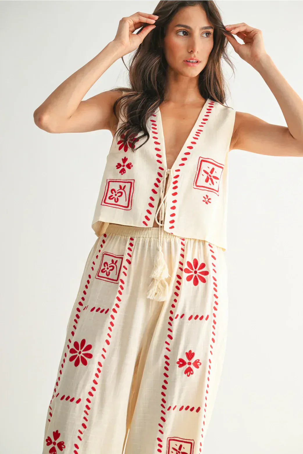 Dames Linnen Co Ord Set Met Borduursel