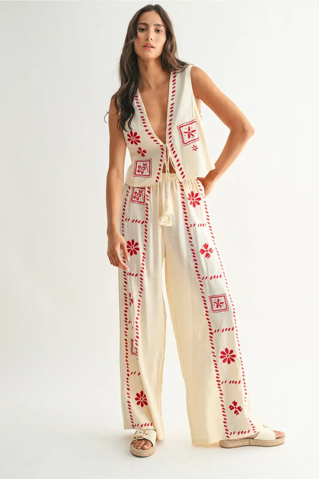 Dames Linnen Co Ord Set Met Borduursel