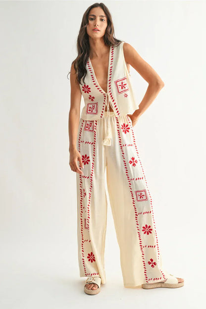 Dames Linnen Co Ord Set Met Borduursel