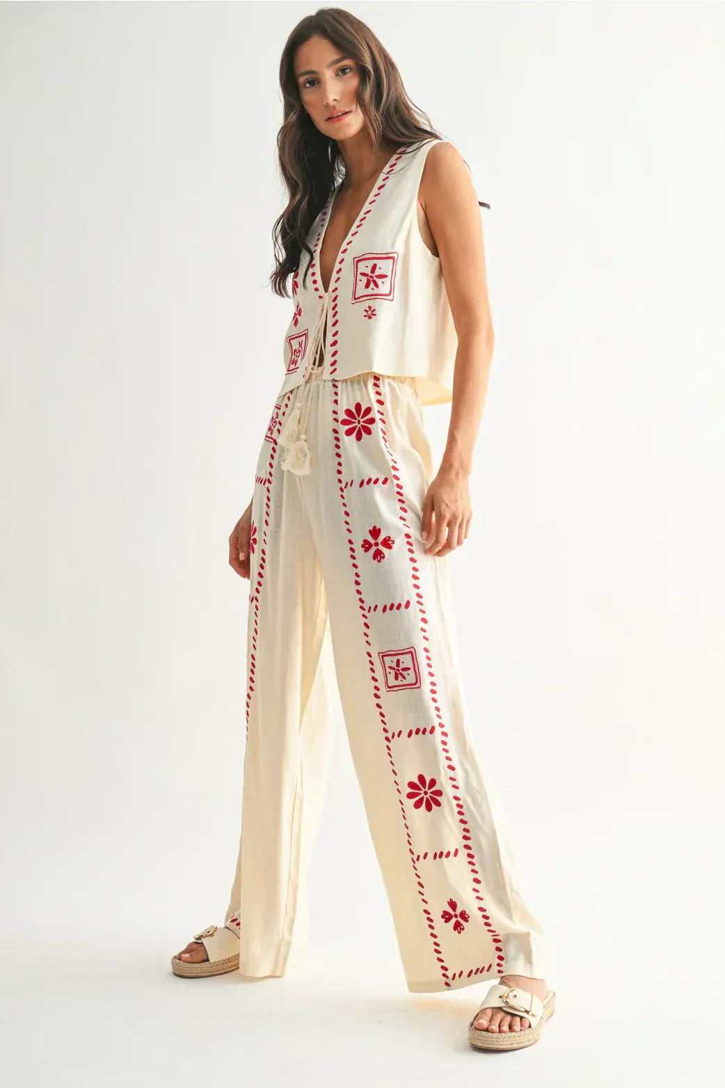 Dames Linnen Co Ord Set Met Borduursel